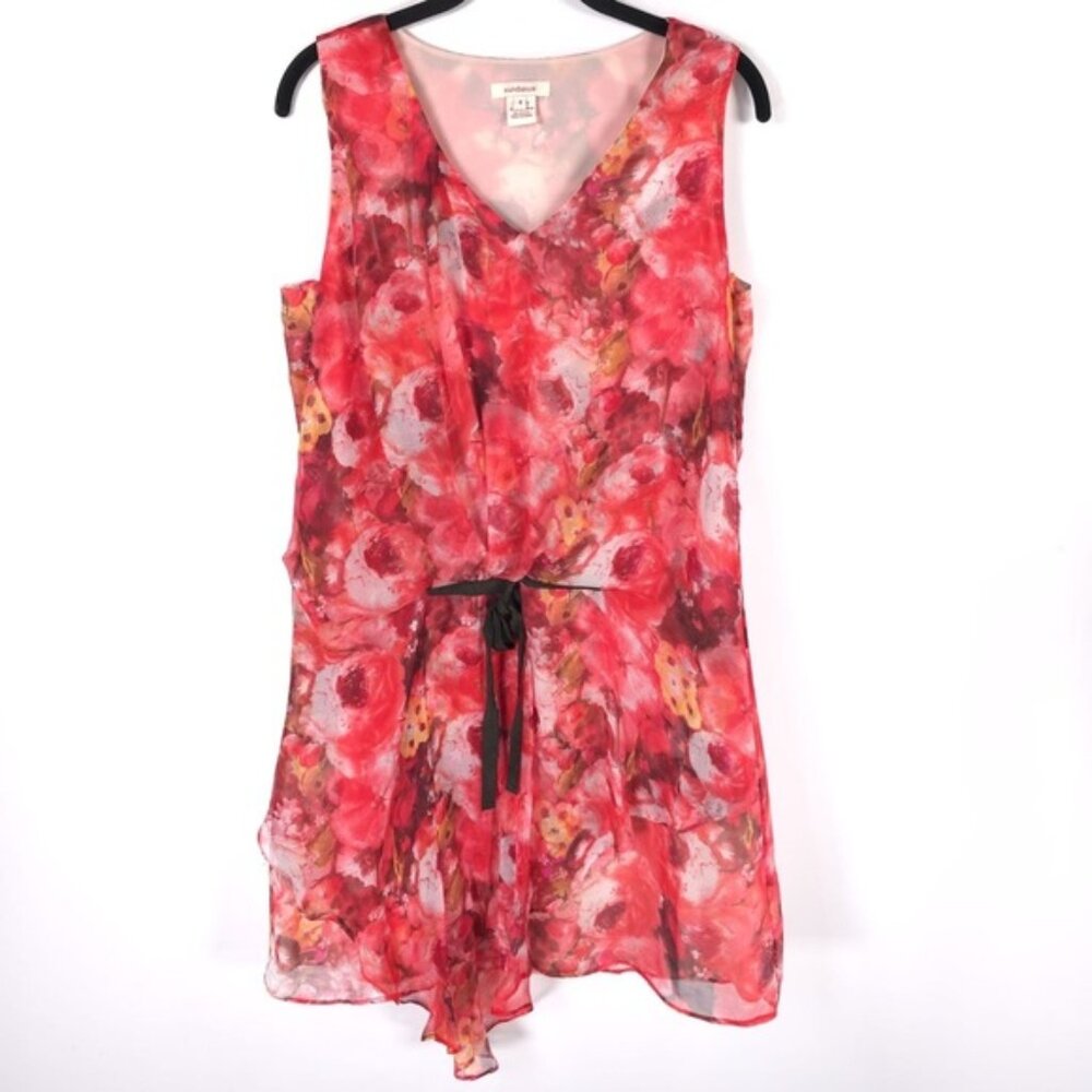 Sundance Women’s 100% SILK Red Mini Dress Floral Watercolor Chiffon‎ Tie Waist 4